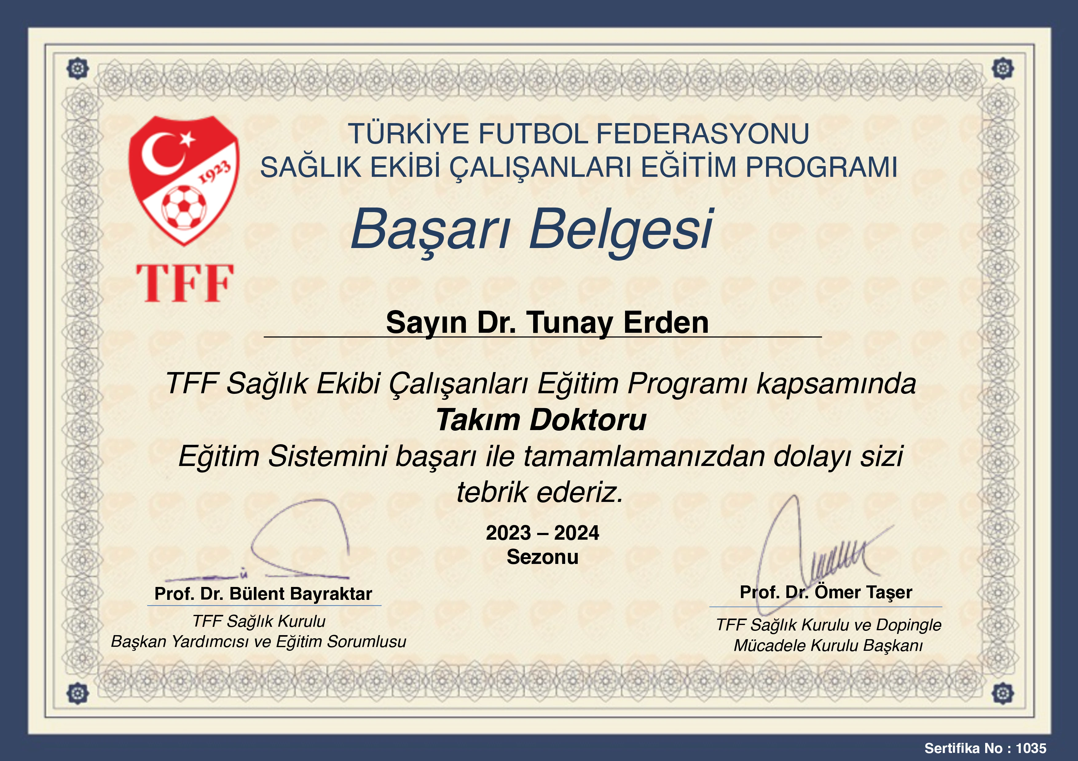 Türkiye Futbol Federasyonu Başarı Belgesi